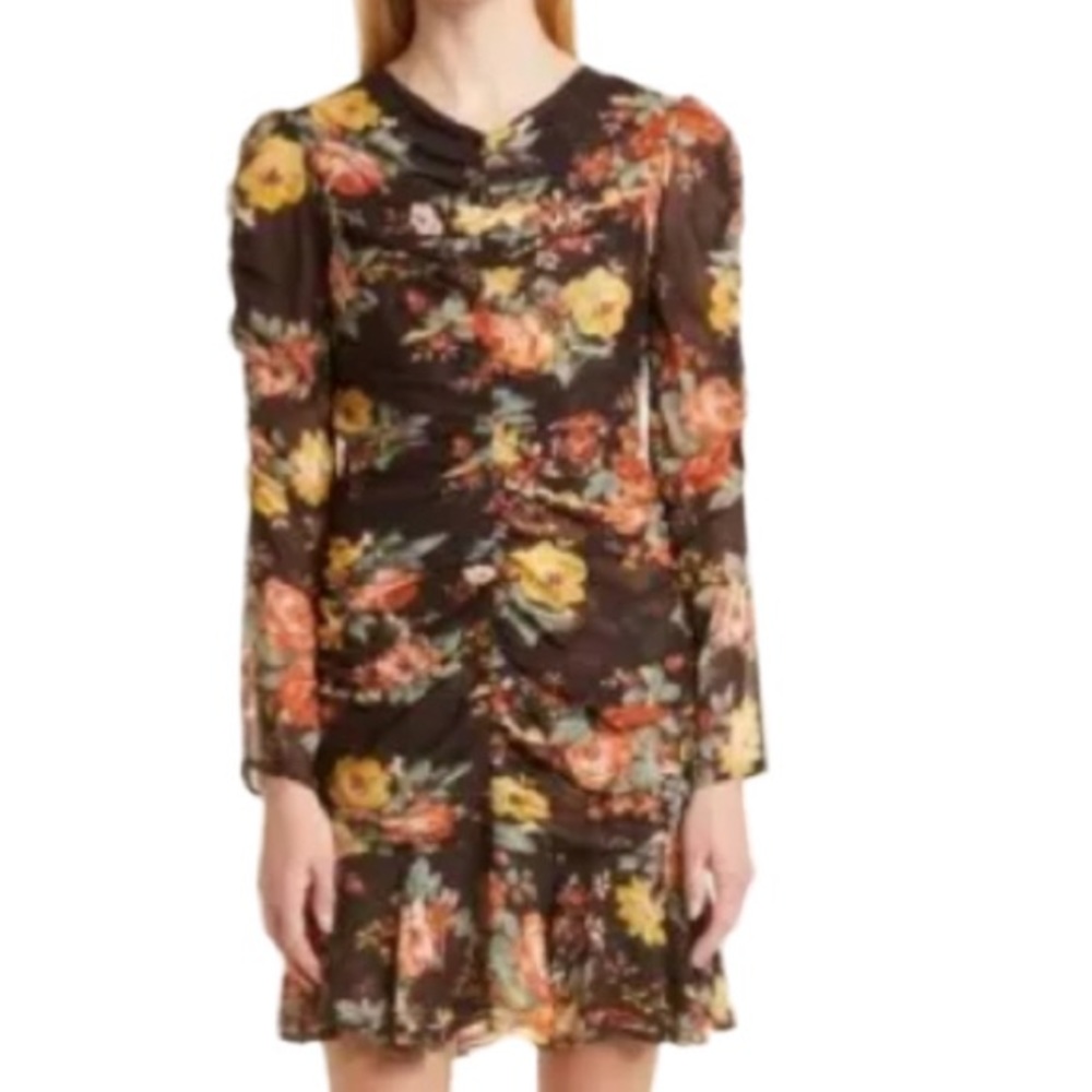 NWT Veronica Beard Hedera Floral Oxblood Multi Silk Chiffon Ruched Dress…